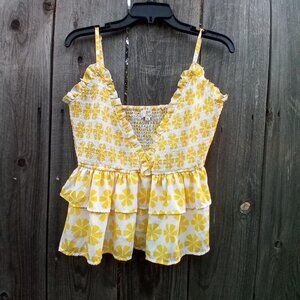 GIRL SOUL TOP TEENS SZ XL YELLOW FLORAL PRINT PULLOVER SLEEVELESS PEPLUM V NECK